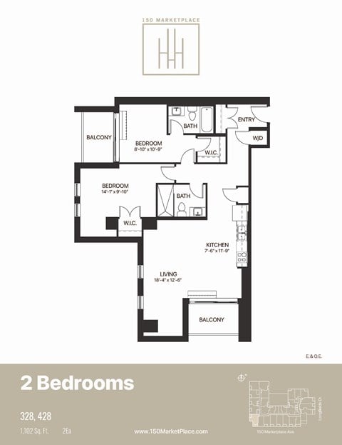 Floor plan for 2 beds, 2 baths, 1102 sqft